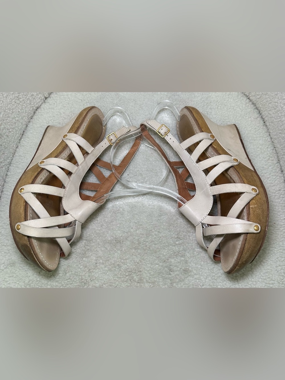Leifsdottir Vintage Anthropologie Ivory Leather Wood Platform Wedge Strappy 9 - Picture 10 of 12